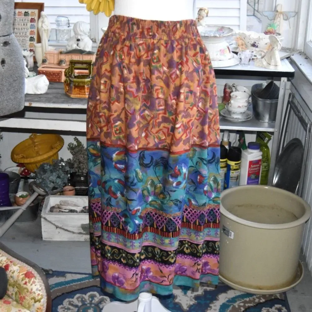 Vintage 90s Casual Corner Boho Scarf Print Midi Skirt High Waist Colorful Large